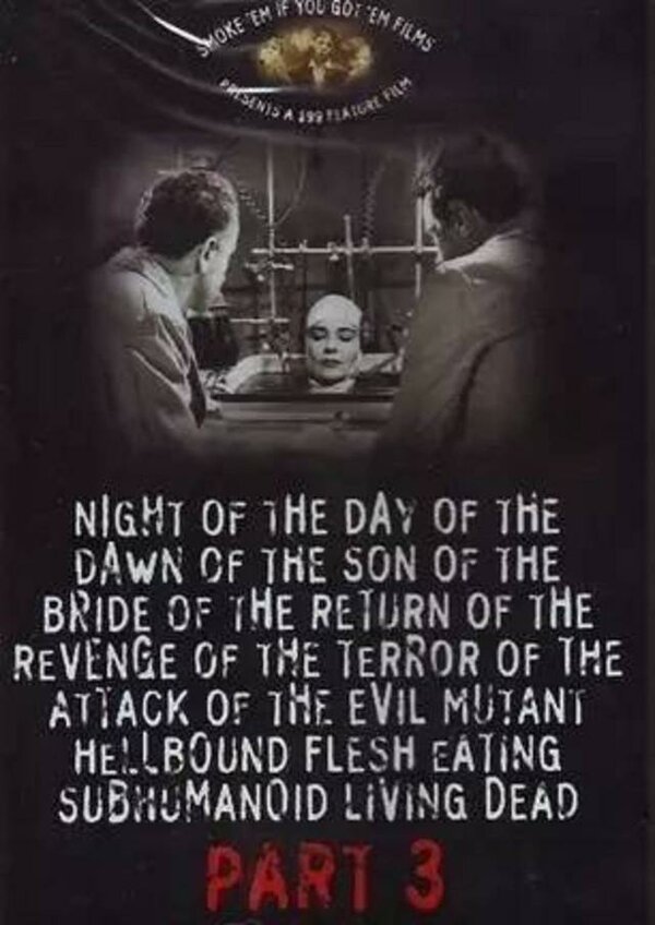 Постер фильма Ночь дня рассвета сына невесты возвращения мести ужаса атаки злобных мутировавших чужих плотоядных восставших из ада зомбированных живых мертвецов. Часть 3